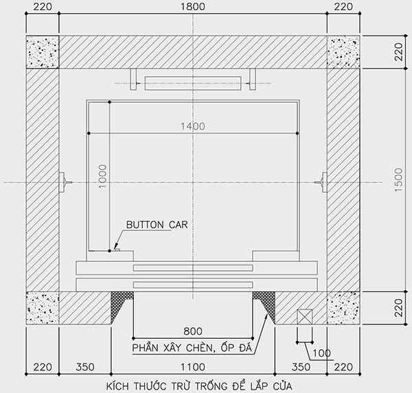 Kích thước thang máy gia đình 450kg đối trọng sau - hố rộng