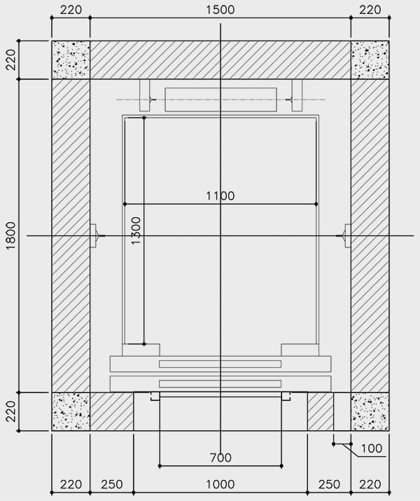 Kích thước thang máy gia đình 450kg đối trọng sau - hố hẹp
