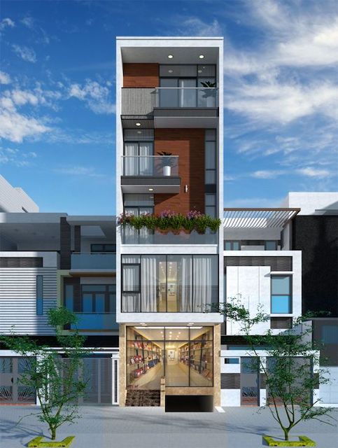 Nhà phố 5x15m có thang máy nổi bật với cửa kính trong suốt