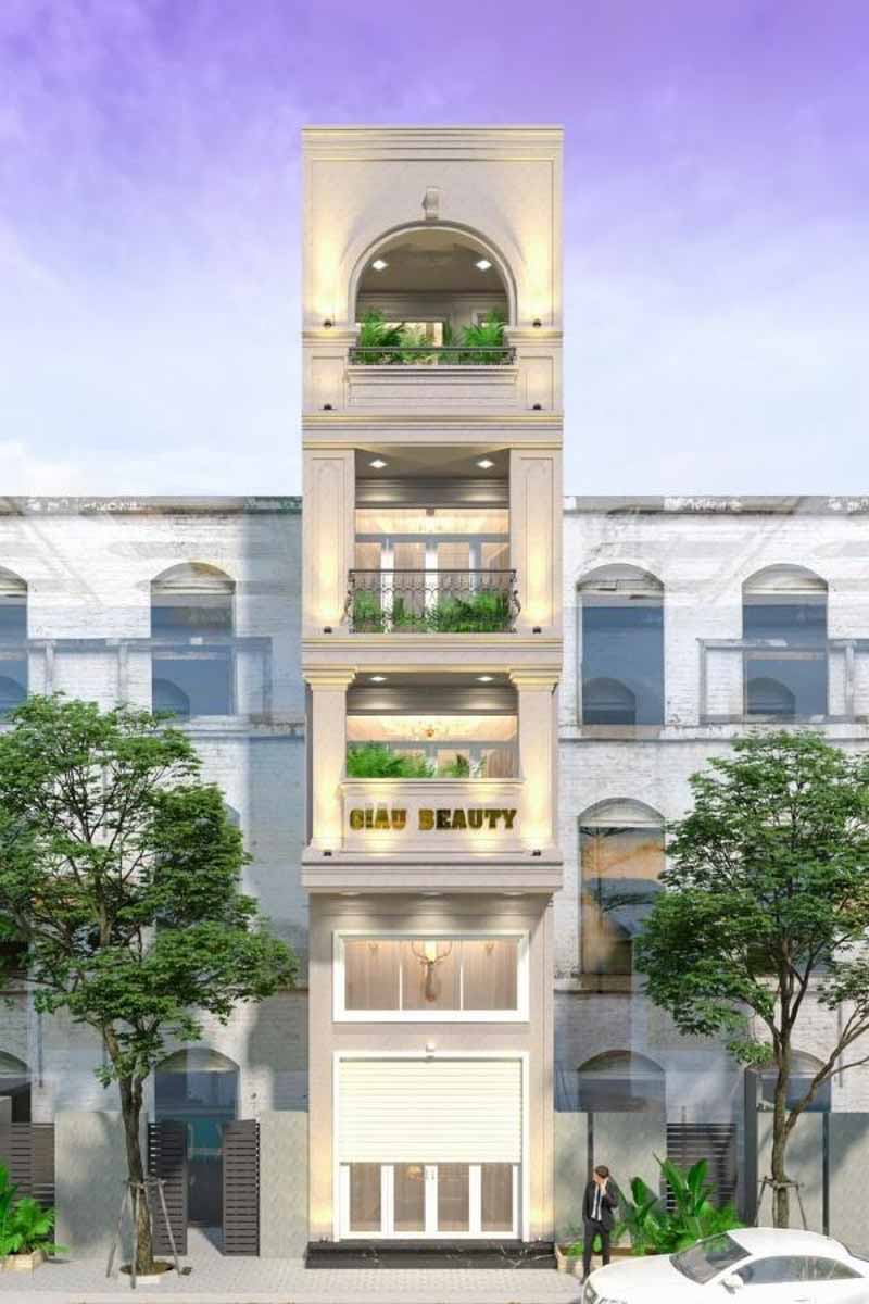 Mẫu thiết kế nhà phố 4 tầng 1 lửng có thang máy kết hợp kinh doanh spa