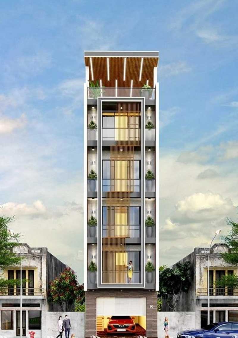 Mẫu thiết kế nhà 5x15m có thang máy 5 tầng 1 tum phù hợp để mở công ty