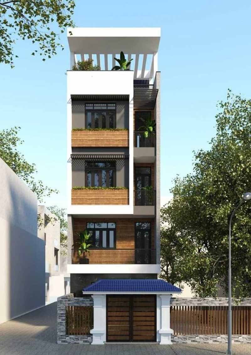 Ngôi nhà phố 4 tầng 1 tum có thang máy mang đến cảm giác thanh lịch, trầm lắng với các tone màu nâu, trắng, xám